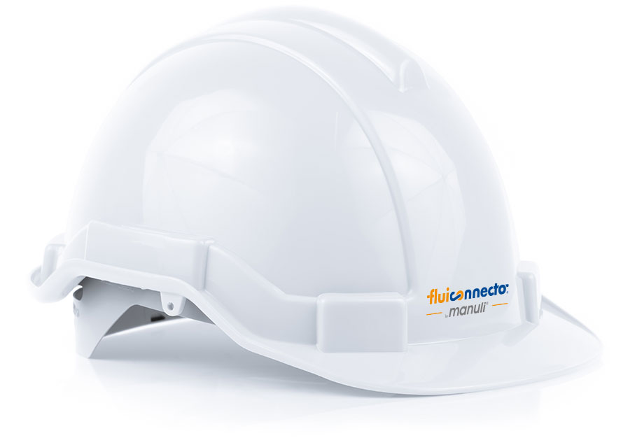 Image: white construction helmet with Fluiconnecto logo